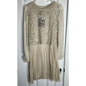 Piazza Roma Silk Sheer L/S Dress Sz XS Crochet 2 Pc Romantic Fairy Champagne NWT